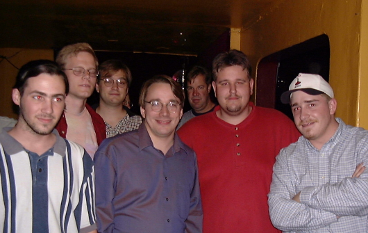 From left to right: Dan Cox (VA Research), dannyman (Tellme), Dave Terrell (Confinity), Linus Torvalds (Transmeta), Uriah Welcome, Rob Liesenfeld (Veritas)