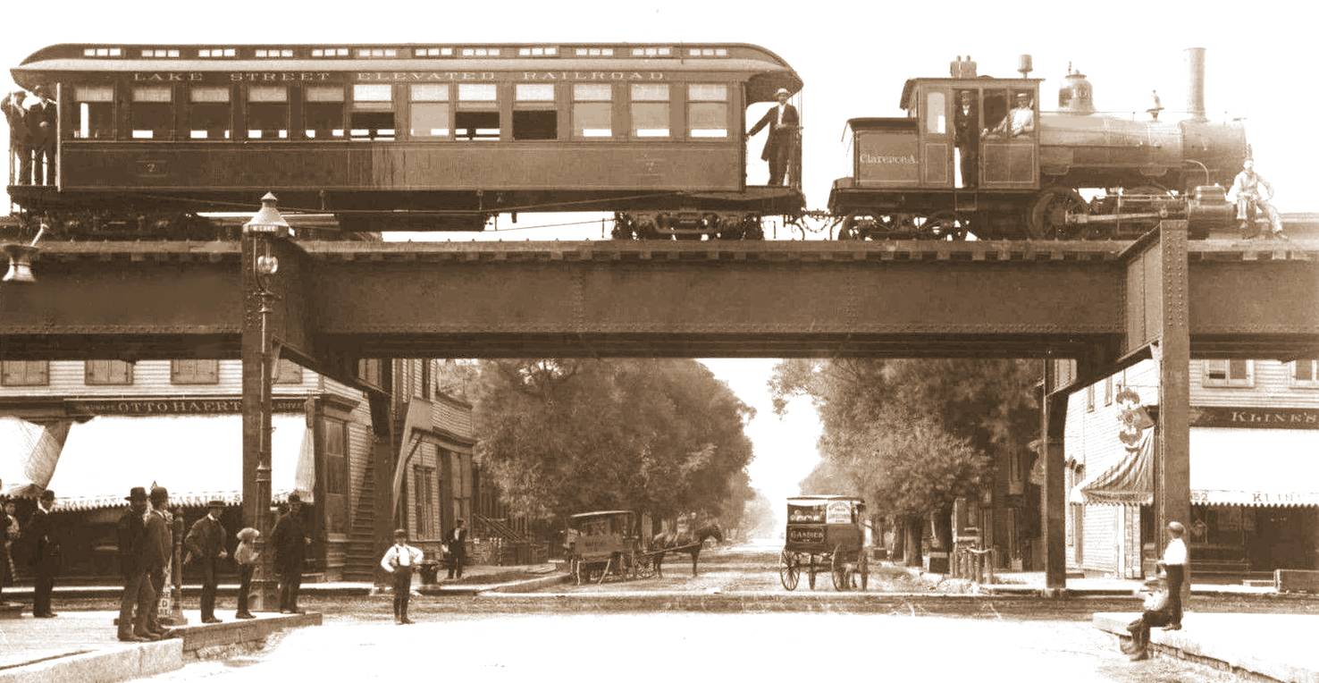 Forney engine pulls Lake Street Elevated Railroad train over Lake Street in Chicago, 1893.