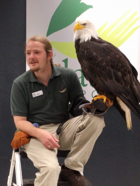 I had to carry Tommy out of the auditorium because he was getting excited and we had been cautioned not to freak out this magnificent bald eagle, which Mommy photographed.