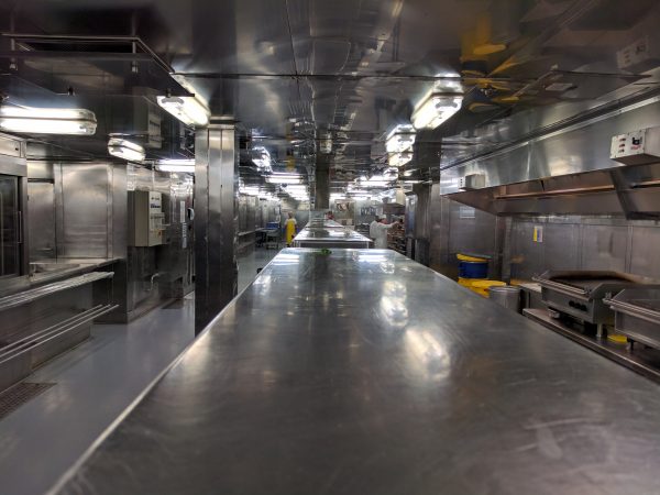 The galley. Huge. Stainless. Spotless.
