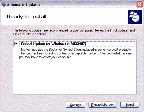 Windows Automatic Update Dialog Box