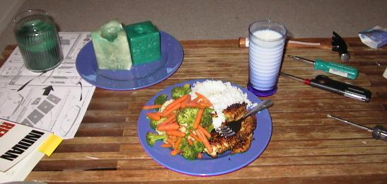 Fried chicken breast,
rice, steamed fresh veggies, and milk - the making of a healthy home-cooked
dinner!