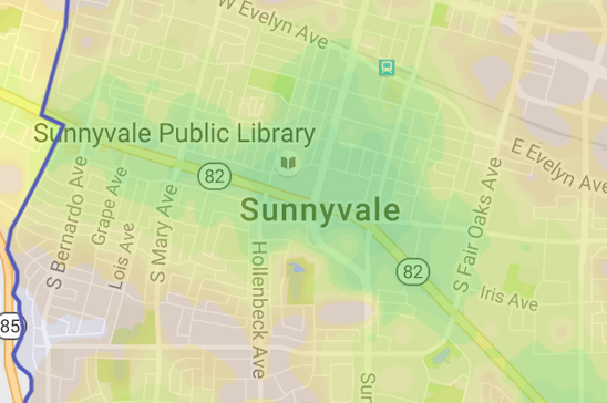 Sunnyvale's walkable core: 838 Azure is at the Y of Mathilda and Sunnyvale in the lower right.