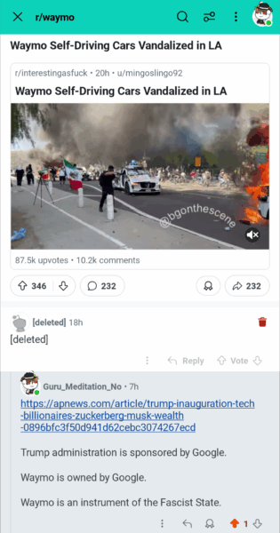 Trump administration is sponsored by Google. Waymo is owned by Google. Waymo is an instrument of the Fascist State.