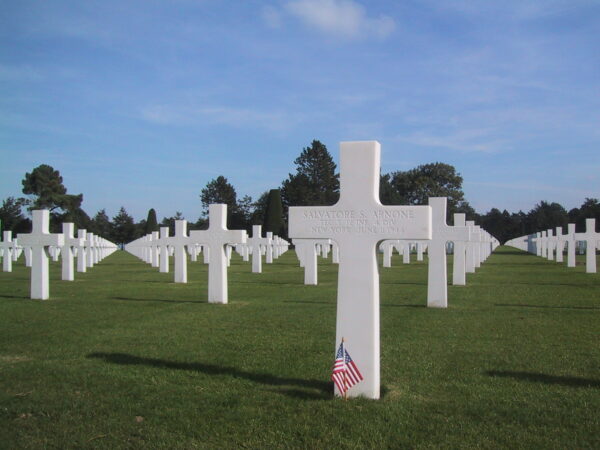 Rows of crosses of fallen soldiers at The American Cemetery, Omaha Beach, France