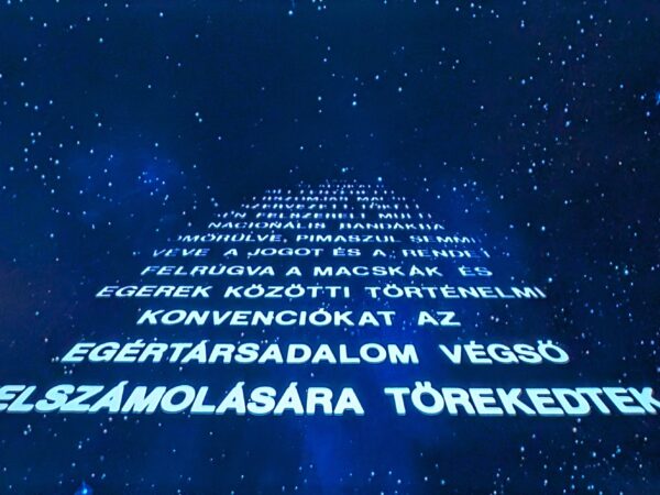 Backstory for "Cat City" in the style of the "Star Wars" backstory. A bunch of Hungarian text scrolls off into the stars.