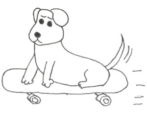 a rudimentary drawing of a dog riding a skateboard
