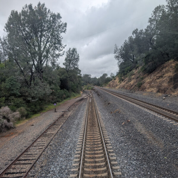 Overcast sky, trees on either side. the train has come around a curve from the left, and a siding branches off to the left. Another track at a higher gtade is on the right, stretching straight into the distance.